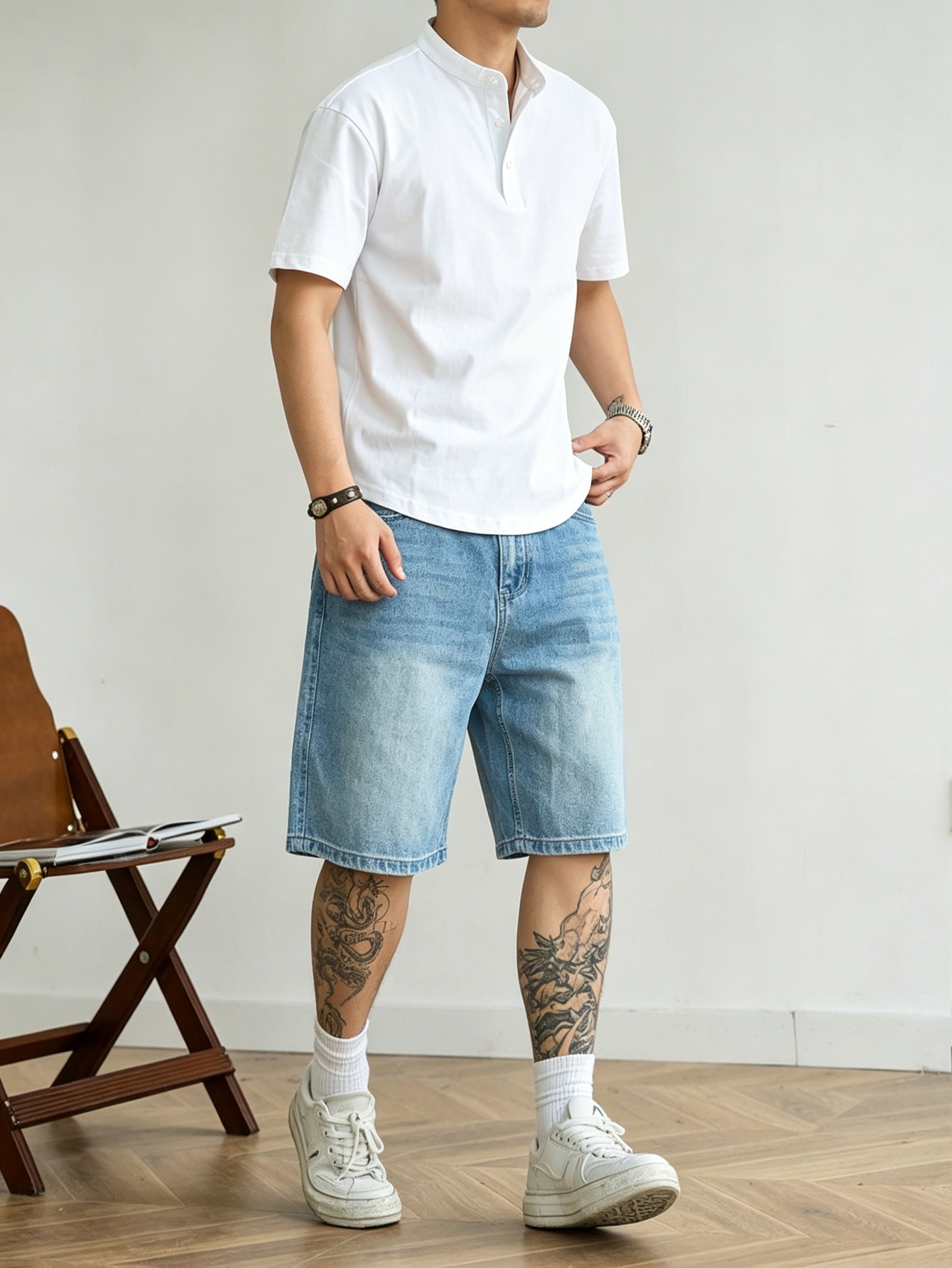 Korean Men Lifestyle - Locker geschnittene blaue, nicht dehnbare Denim-Jorts
